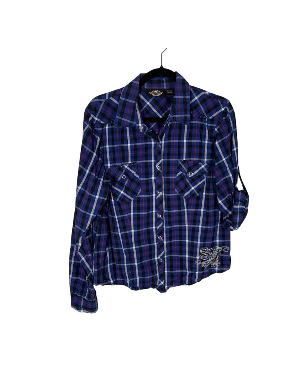 Harley Davidson Women Sz L Blue Plaid Snap Up Long Sleeve Embroidered Shirt